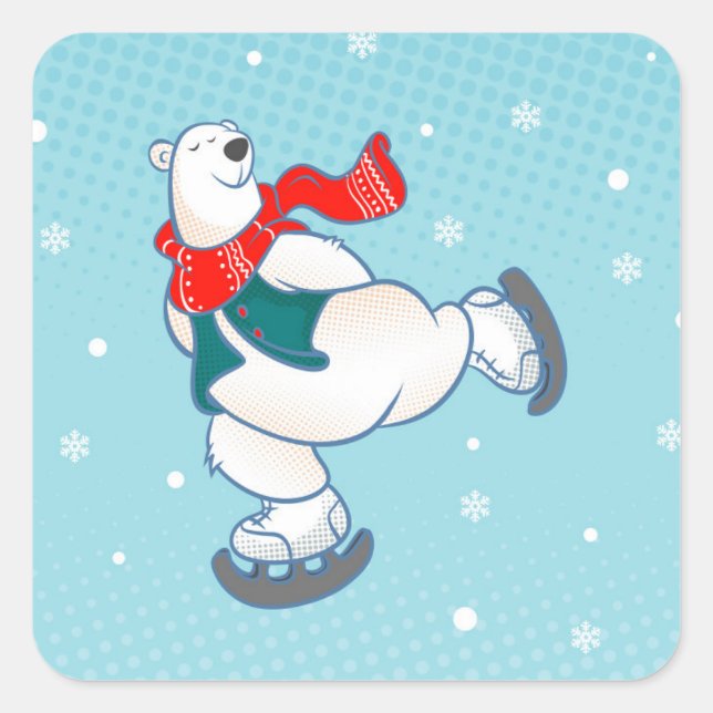 Polar bear on ice skates square sticker (Front)