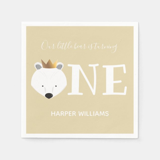 Polar Bear One Crown Animal First Birthday Napkin (Front)