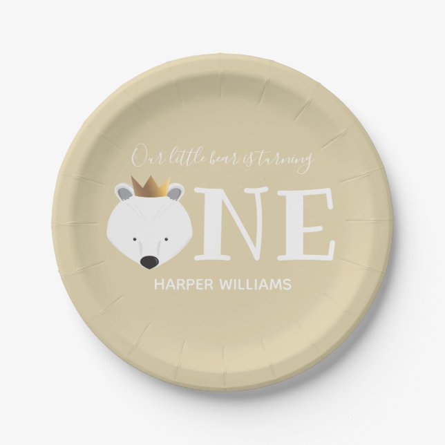 Polar Bear One Crown Animal First Birthday Paper Plate (Front)