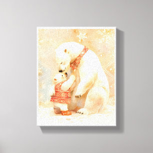 Polar Bear Parent and Cub Winter Embrace Nursery Canvas Print
