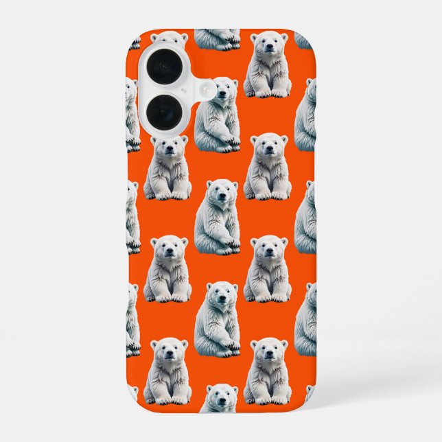 Polar Bear Pattern Design On Orange  iPhone 16 Case (Back)