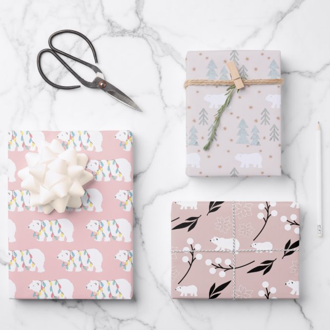 Polar Bear Patterns Pink Christmas Holiday Wrapping Paper Sheet (Front)