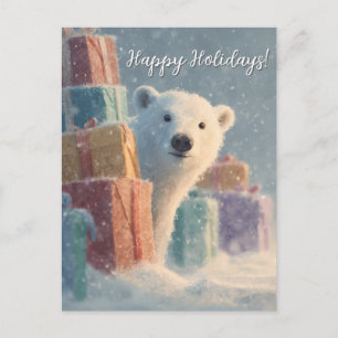 Polar Bear Peeking from Behind a Stack of Presents Holiday Postcard