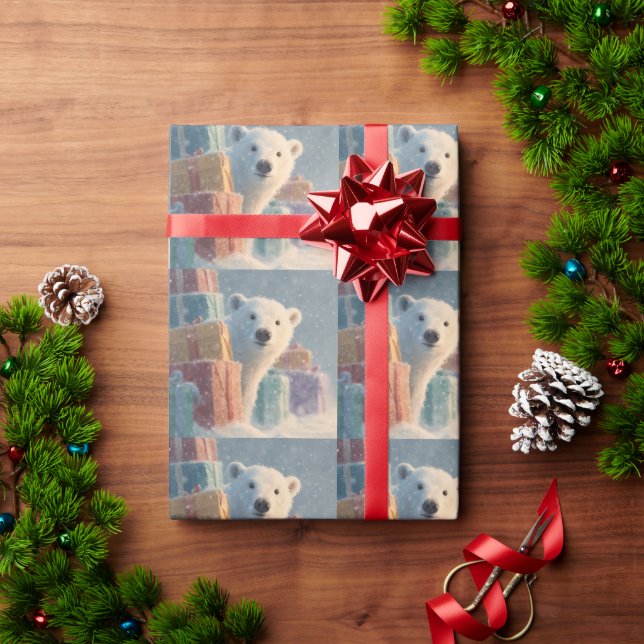 Polar Bear Peeking from Behind a Stack of Presents Wrapping Paper (Holiday Gift)