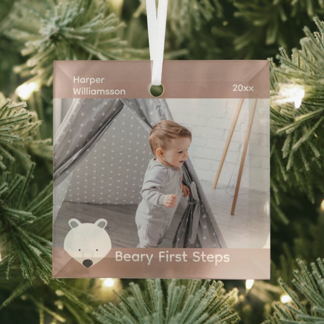 Polar Bear Photo Baby First Steps Christmas Glass Tree Decoration (Insitu)
