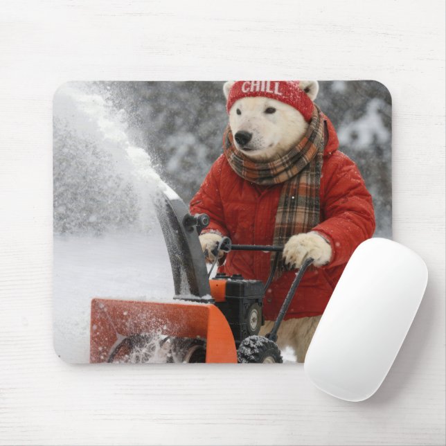 Polar Bear Pushing a Snowblower Mouse Mat (With Mouse)