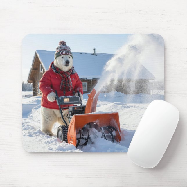 Polar Bear Pushing a Snowblower Mouse Mat (With Mouse)