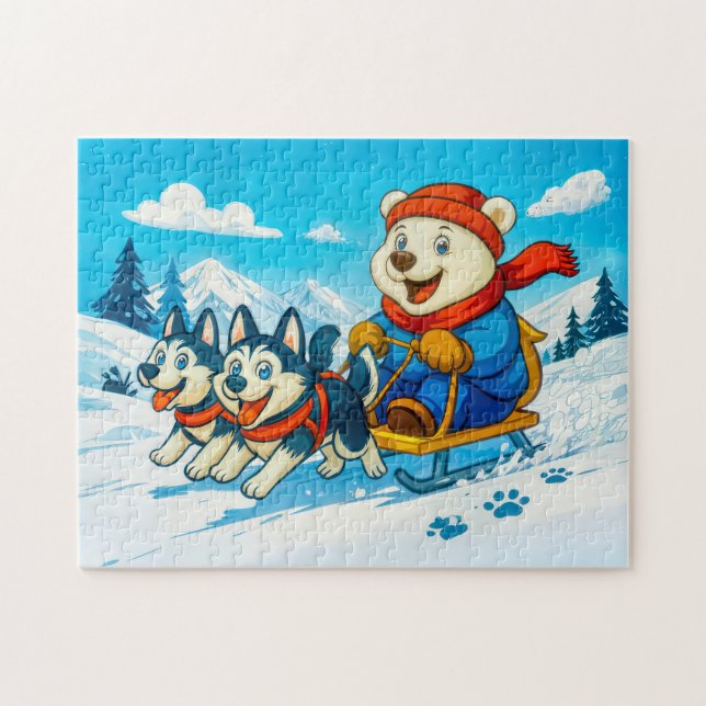 Polar Bear Racing a Husky Dog Sled Team Jigsaw Puzzle (Horizontal)