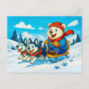 Polar Bear Racing a Husky Dog Sled Team Postcard