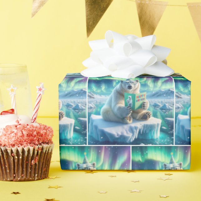 Polar Bear Reading a Birthday Greeting Card Wrapping Paper (Birthday Party)