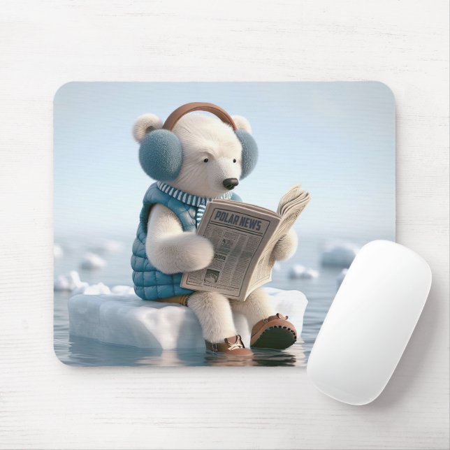 Polar Bear Reading a Newspaper Mouse Mat (With Mouse)
