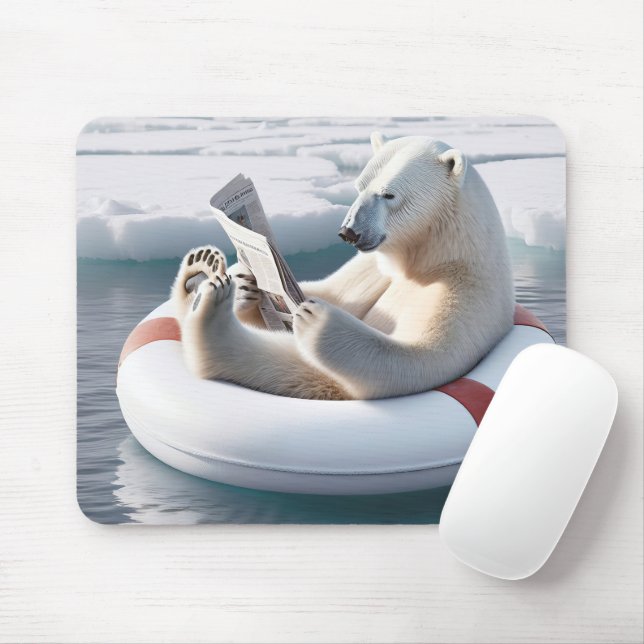 Polar Bear Reading a Newspaper Mouse Mat (With Mouse)