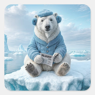 Polar Bear Reading a Newspaper Square Sticker