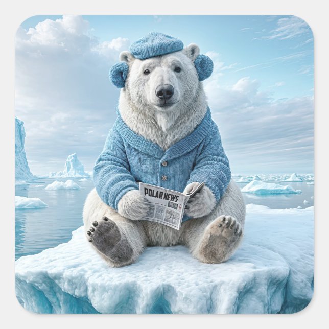 Polar Bear Reading a Newspaper Square Sticker (Front)