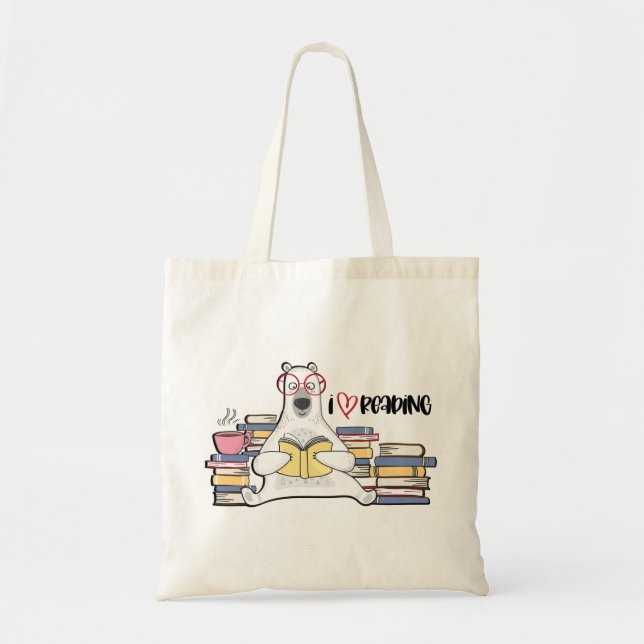 Polar Bear Reading Book Tote Bag (Front)