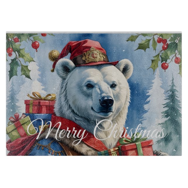 Polar Bear Santa Christmas Design Cutting Board (Front)