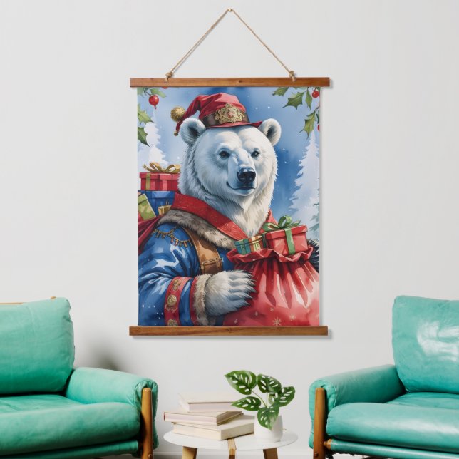 Polar Bear Santa Christmas Design Hanging Tapestry (Living Room)
