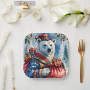 Polar Bear Santa Christmas Design Paper Plate