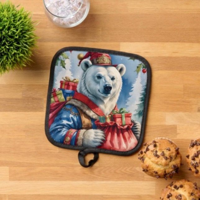 Polar Bear Santa Christmas Design Pot Holder (Pot Holder Full rubber protection cover no slip silicon hanging loop.)