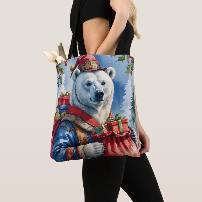 Polar Bear Santa Christmas Design Tote Bag (Close Up)