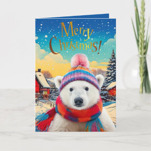 Polar Bear Santa hat and scarf Merry Christmas Card