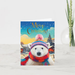 Polar Bear Santa hat and scarf Merry Christmas Holiday Card