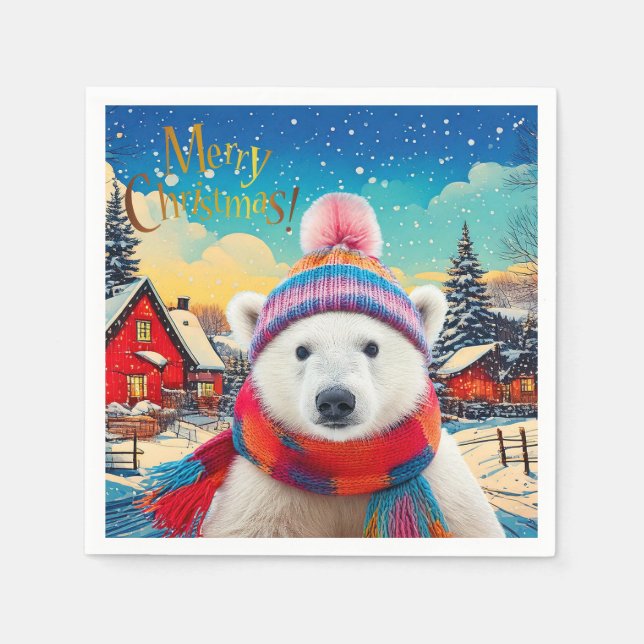 Polar Bear Santa hat and scarf Merry Christmas Napkin (Front)
