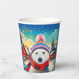 Polar Bear Santa hat and scarf Merry Christmas Paper Cups