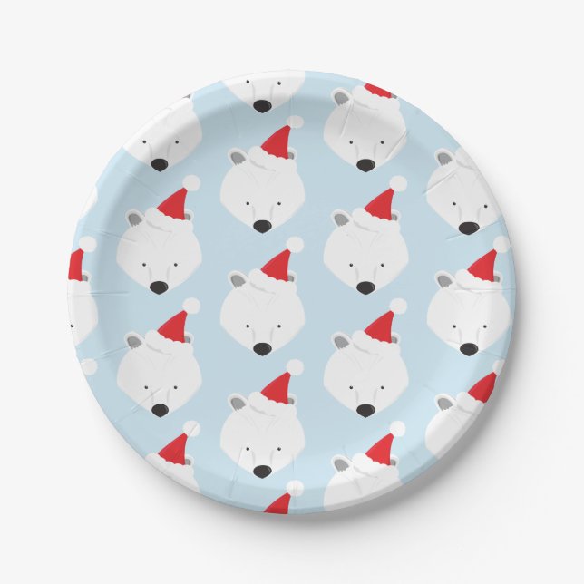 Polar Bear Santa Hat Animal Christmas Paper Plate (Front)