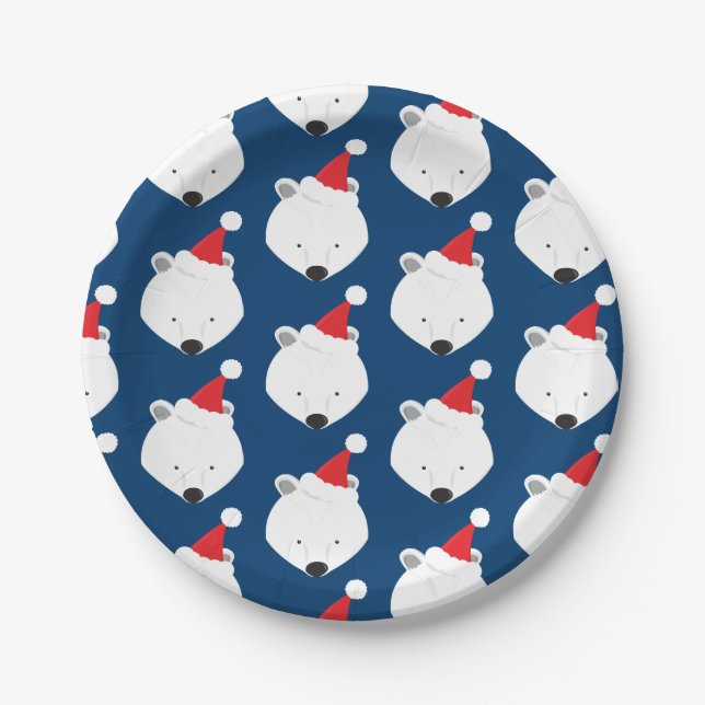 Polar Bear Santa Hat Animal Christmas Paper Plate (Front)