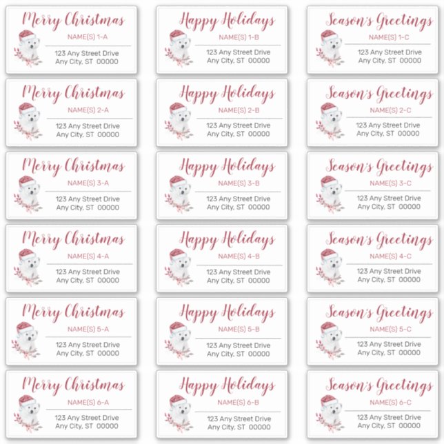 Polar Bear | Santa Hat Christmas Address Labels (Front)
