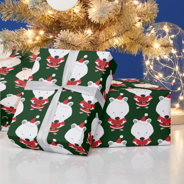 Polar Bear Santa Hat Green Christmas Holiday Wrapping Paper (Holidays)