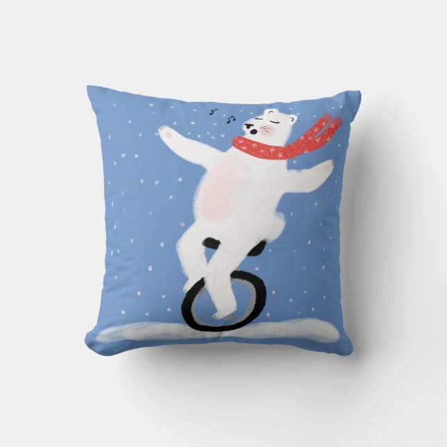Polar Bear Singing & Riding Unicycle Snow Holiday Cushion (Front)