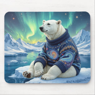 Polar Bear Sitting Under Northern Lights Mouse Mat