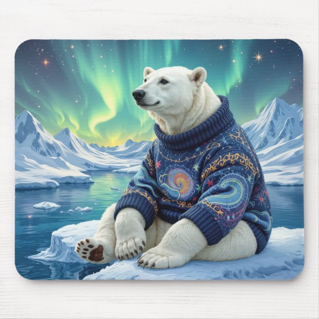 Polar Bear Sitting Under Northern Lights Mouse Mat (Front)