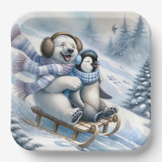 Polar Bear Sledding With a Penguin Paper Plate (Front)