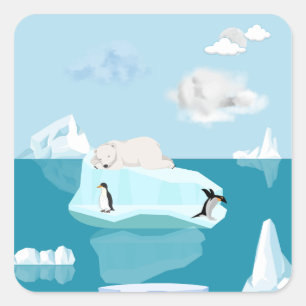 Polar Bear Sleeping and Penguins on a sticker. Square Sticker