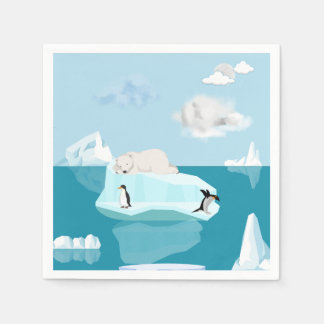 Polar bear sleeping on an iceberg and penguins  napkin