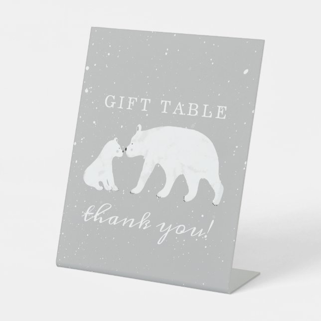 Polar Bear Snow Grey Mama Baby Shower Gift Table Pedestal Sign (Front)