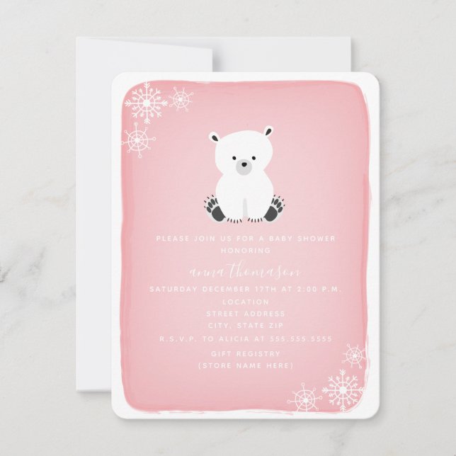 Polar Bear Snowflake Girl Baby Shower - Pink Invitation (Front)