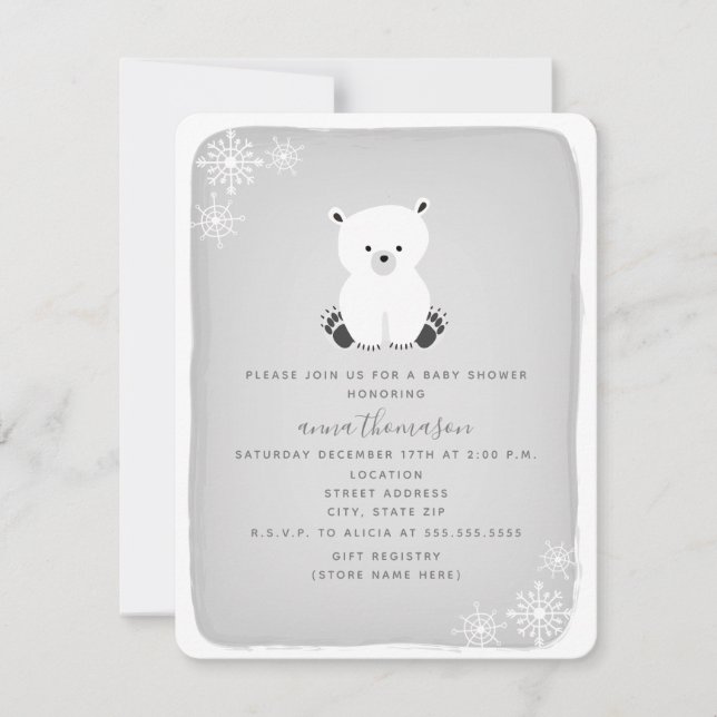 Polar Bear Snowflake Neutral Baby Shower - Grey Invitation (Front)