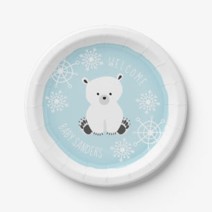 Polar Bear Snowflake Winter Blue Boy Baby Shower Paper Plate