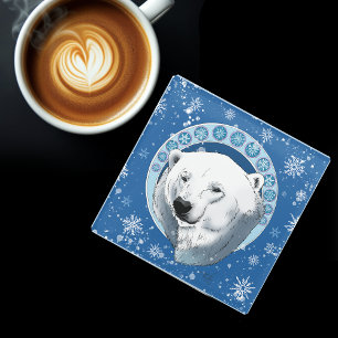 Polar Bear Snowflakes Art Nouveau Glass Coaster