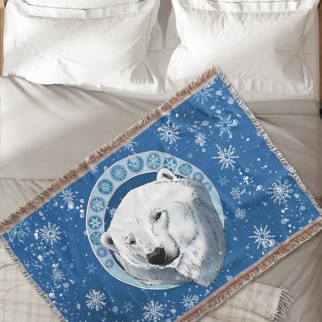 Polar Bear Snowflakes Art Nouveau Throw Blanket (Creator Uploaded)
