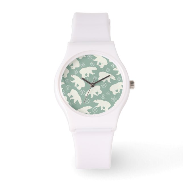 Polar Bear Snowflakes Blue White Winter Pattern Watch (Front)
