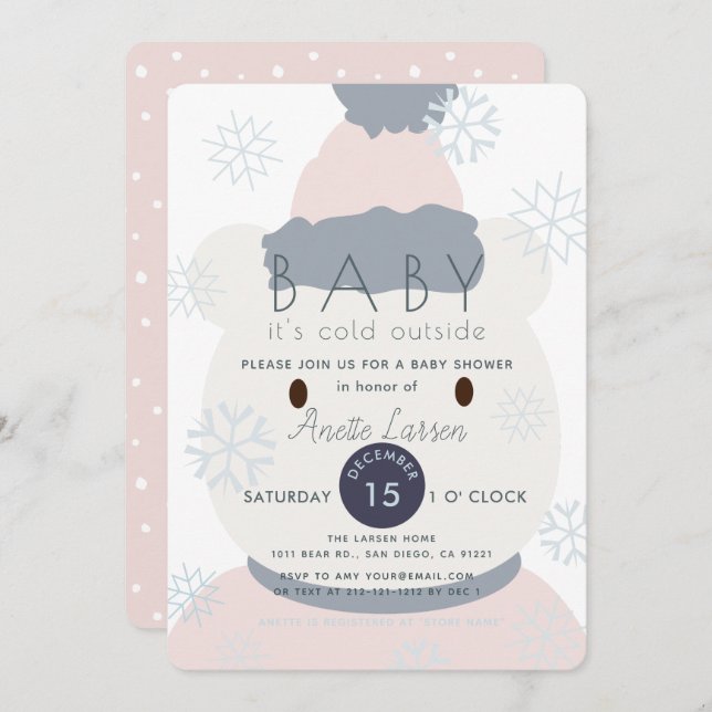 Polar Bear Snowflakes GIrl Baby Shower Invitation (Front/Back)