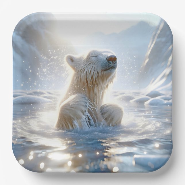 Polar Bear Splashing In Arctic Water Paper Plate (Front)