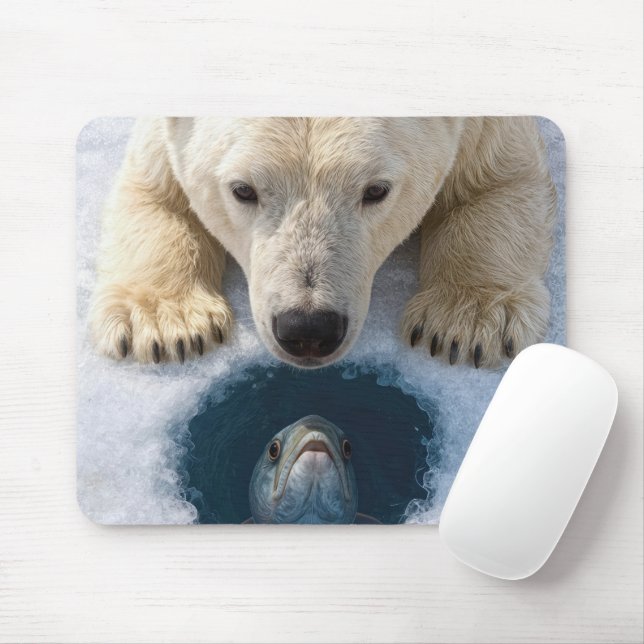 Polar Bear Staring at Fish Mouse Mat (With Mouse)