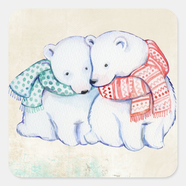 POLAR BEAR STICKERS. CUTE POLAR BEARS HUGGING SQUARE STICKER (Front)
