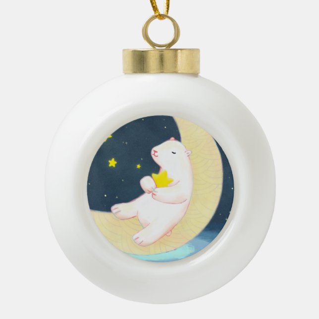 Polar Bear, the Moon & Stars Ceramic Ball Christmas Ornament (Front)